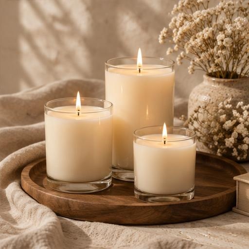 A collection of hand-poured candles on a wooden tray