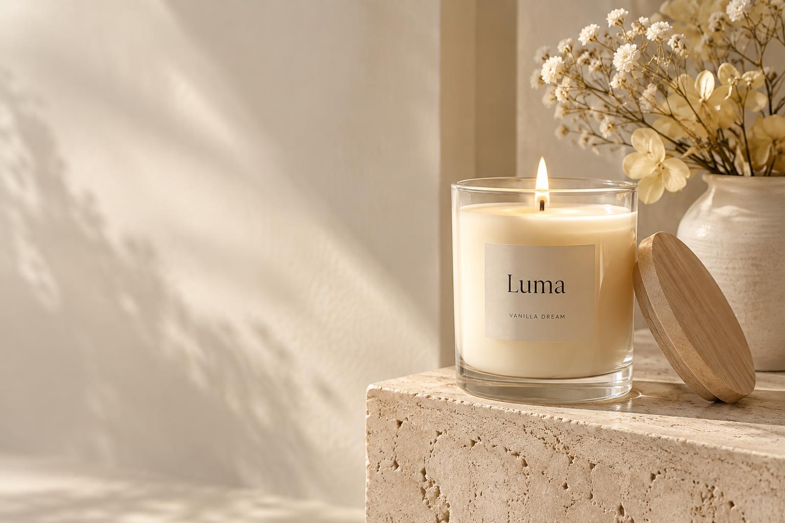 Hand-poured Crystelle Studio Vanilla Dream candle with a glowing flame and delicate flowers